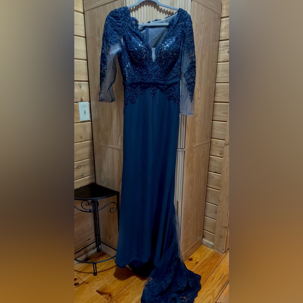 JJs House Navy Beaded Chiffon Evening Gown with Sheer 3/4 Sleeves